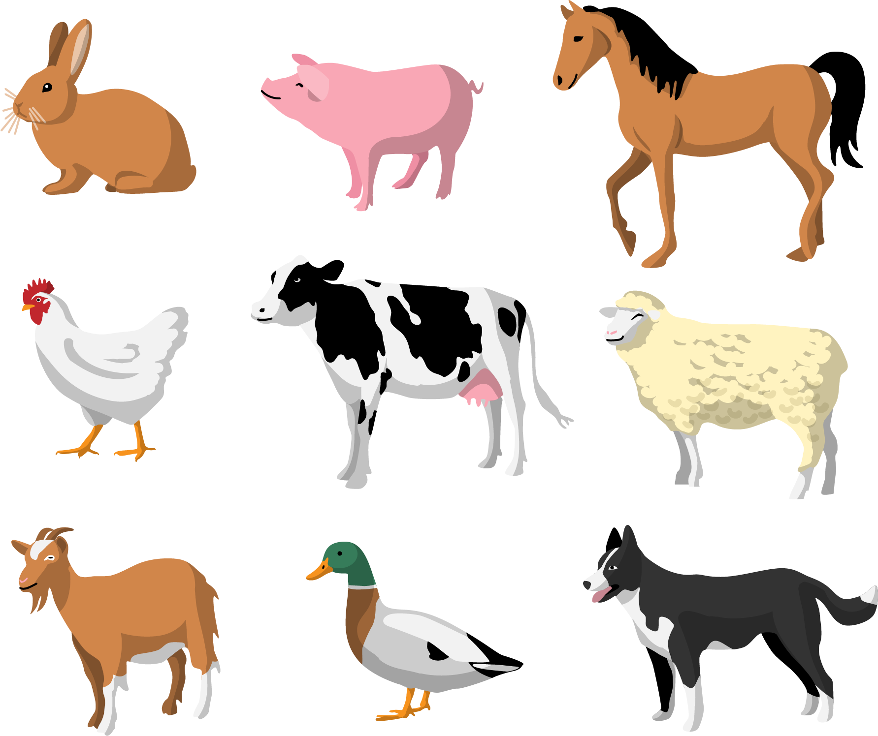 Корова коза овца свинья. Домашние животные для детей. Изображения домашних животных для детей. Домашние животные мультяшные. Домашние животные вектор.
